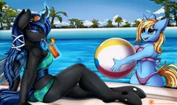 Size: 3117x1857 | Tagged: safe, artist:pridark, derpibooru import, oc, oc:queen lahmia, oc:skydreams, unofficial characters only, anthro, changeling, changeling queen, unguligrade anthro, unicorn, anthro oc, beach ball, belly button, bikini, blue changeling, breasts, changeling oc, clothes, digital art, female, levitation, magic, mare, midriff, smiling, sunglasses, swimming pool, swimsuit, telekinesis