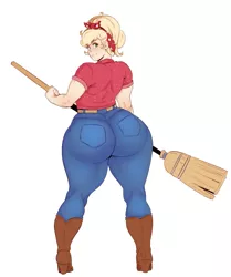 Size: 1915x2293 | Tagged: suggestive, artist:sundown, derpibooru import, applejack, human, equestria girls, equestria girls series, five to nine, applebucking thighs, applebutt, ass, bandana, boots, bootylicious, broom, butt, clothes, female, hair tie, humanized, jacqueline applebuck, jeans, large butt, looking at you, looking back, looking back at you, pants, sexy, shirt, shoes, simple background, solo, solo female, stupid sexy applejack, the ass was fat, thick, thighs, thunder thighs, white background