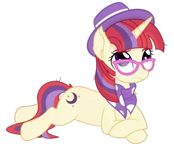 Size: 3261x2811 | Tagged: safe, artist:cyanlightning, artist:slb94, derpibooru import, moondancer, pony, unicorn, clothes, female, glasses, hat, hipster, mare, prone, scarf, simple background, transparent background