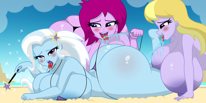 Size: 1200x600 | Tagged: questionable, alternate version, artist:mashoart, derpibooru import, fuchsia blush, lavender lace, trixie, equestria girls, ahegao, ass, beach, beach babe, bedroom eyes, big breasts, big nipples, bikini, bikini babe, blushing, breasts, busty fuchsia blush, busty lavender lace, busty trixie, butt, clothes, drool, drool string, female, huge breasts, huge butt, implied cunnilingus, implied oral, implied sex, impossibly large breasts, impossibly large butt, large butt, lesbian, lip bite, looking back, looking over shoulder, magic wand, micro bikini, nipples, nudity, open mouth, shipping, swimsuit, the great and powerful ass, thighs, thunder thighs, tongue out, trio, trio female, trixie and the illusions, trixieblush, trixielace