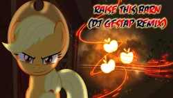 Size: 1920x1080 | Tagged: safe, artist:flamelauncher14, artist:gestapwarmhunter, artist:lightningtumble, artist:parclytaxel, derpibooru import, edit, applejack, earth pony, pony, applejack's hat, cover art, cowboy hat, cutie mark, dark, female, hat, mare, red eyes, solo, song cover, stetson, text