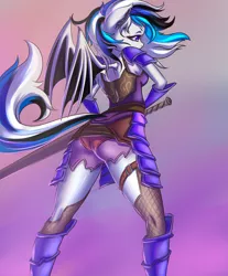 Size: 1500x1812 | Tagged: suggestive, artist:prisma6, derpibooru import, oc, unofficial characters only, anthro, bat pony, armor, bat pony oc, bat wings, breasts, female, sword, tail, weapon, wings