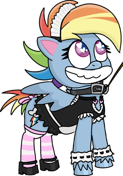 Size: 1007x1436 | Tagged: suggestive, alternate version, artist:poniidesu, derpibooru import, rainbow dash, pegasus, pony, my little pony: pony life, /mlp/, clothes, collar, female, femsub, grin, heart eyes, leash, looking up, maid, maid headdress, mare, pet play, pet-dash, rainbow dash always dresses in style, simple background, smiling, socks, solo, striped socks, submissive, thigh highs, transparent background, wingding eyes, wings