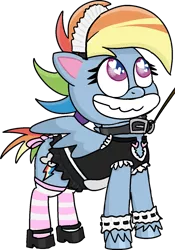 Size: 1007x1436 | Tagged: suggestive, alternate version, artist:poniidesu, derpibooru import, rainbow dash, pegasus, pony, my little pony: pony life, /mlp/, clothes, collar, female, femsub, grin, heart eyes, leash, looking up, maid, maid headdress, mare, pet play, pet-dash, rainbow dash always dresses in style, simple background, smiling, socks, solo, striped socks, submissive, thigh highs, transparent background, wingding eyes, wings