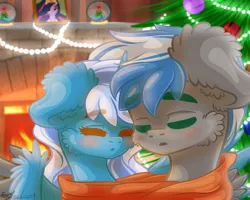 Size: 1280x1024 | Tagged: alicorn, alicorn oc, artist:kindny-chan, cheek fluff, christmas, christmas tree, clothes, derpibooru import, ear fluff, eyes closed, fire, fireplace, holiday, horn, lights, oc, oc:cloud zapper, oc:fleurbelle, pegasus, pegasus oc, picture, safe, scarf, shared clothing, shared scarf, shipping, snow globe, tree, twilight sparkle, twilight sparkle (alicorn), wing fluff, wings