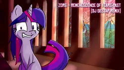 Size: 1920x1080 | Tagged: safe, artist:gestapwarmhunter, artist:joemasterpencil, artist:justagirlonline, artist:wolfiedrawie, derpibooru import, edit, twilight sparkle, pony, unicorn, canterlot castle, cover art, crying, female, gritted teeth, mare, sitting, solo, song cover, text, unicorn twilight, window