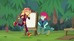 Size: 1920x1080 | Tagged: safe, derpibooru import, screencap, oxford brush, sunset shimmer, equestria girls, equestria girls series, sunset's backstage pass!, spoiler:eqg series (season 2), female, geode of empathy, magical geodes, male, music festival outfit, running