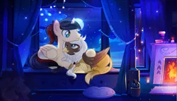 Size: 4000x2291 | Tagged: safe, artist:rish--loo, derpibooru import, oc, oc:eternal light, oc:kalli, unofficial characters only, alicorn, gryphon, alicorn oc, bed, bedroom, blue eyes, book, candle, cloud, fire, fireplace, full moon, griffon oc, heart, horn, lights, looking at each other, moon, night, pillow, plant pot, ponytail, smiling, stars, two colour hair, wings