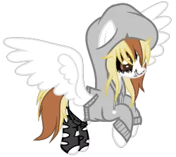 Size: 773x693 | Tagged: safe, artist:celestial-rue0w0, artist:leiloaf, derpibooru import, oc, oc:raggy, unofficial characters only, demon, demon pony, original species, pegasus, pony, black sclera, blank flank, clothes, colored sclera, commission, female, flying, hoodie, mare, markings, simple background, socks, solo, stockings, thigh highs, torn clothes, transparent background