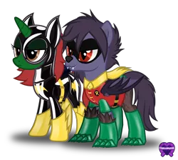 Size: 3345x3000 | Tagged: safe, artist:applec1234, deleted from derpibooru, derpibooru import, oc, oc:ambitious gossip, oc:nyn indigo, bat pony, hybrid, timber wolf, unicorn, batman, batmare, belt, boots, cape, claws, clothes, cosplay, costume, gloves, latex, latex suit, mask, robin, rubber, rubber suit, shoes, show accurate, super suit, superhero, vector