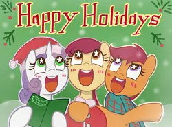 Size: 3080x2280 | Tagged: safe, artist:garammasara, derpibooru import, apple bloom, scootaloo, sweetie belle, caroling, christmas, christmas carol, cutie mark crusaders, female, filly, holiday, starry eyes, wingding eyes