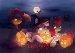 Size: 3508x2480 | Tagged: safe, artist:raily, derpibooru import, apple bloom, scootaloo, sweetie belle, bat, bandage, broom, cape, cemetery, clothes, halloween, hat, holiday, jack-o-lantern, mare in the moon, moon, mummy costume, night, pumpkin, tongue out, twifest, witch hat