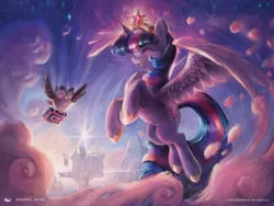 Size: 1024x768 | Tagged: safe, artist:jennifer l. meyer, derpibooru import, official, owlowiscious, twilight sparkle, twilight sparkle (alicorn), alicorn, bird, owl, pony, big crown thingy, book, cloud, cute, duo, element of magic, eyes closed, female, flying, hoof shoes, jewelry, magic the gathering, mare, ponies the galloping, regalia, spread wings, twiabetes, twilight's castle, wings