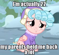 Size: 539x500 | Tagged: safe, derpibooru import, edit, edited screencap, screencap, cozy glow, pegasus, pony, frenemies (episode), caption, clothes, cozy glow is best facemaker, cozybetes, cozybuse, cropped, cute, female, filly, foal, hat, image macro, jimmy neutron, meme, pouting, sad, sitting, snow, solo, text, winter outfit