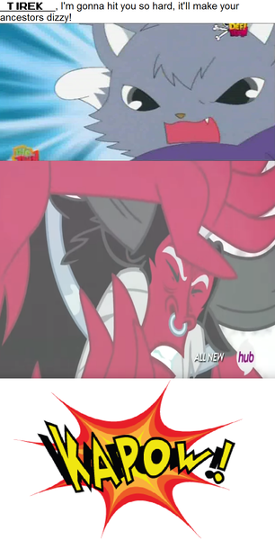 Size: 796x1561 | Tagged: angry, anime, artist:mega-poneo, cat, centaur, comic, crossover, derpibooru import, dialogue, dian, edit, edited screencap, eyes closed, hub logo, jewelpet, kapow, lord tirek, maine coon, male, mega poneo strikes again, mulan, punch, safe, sanrio, screencap, screencap comic, sega, the hub, twilight's kingdom, yao