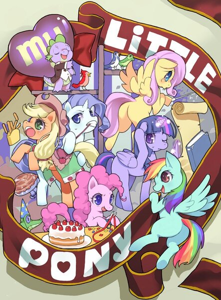 Size: 885x1200 | Tagged: safe, artist:takeburuo16, artist:takeda sun, derpibooru import, applejack, fluttershy, gummy, pinkie pie, rainbow dash, rarity, spike, twilight sparkle, twilight sparkle (alicorn), alicorn, bird, dragon, earth pony, pegasus, pony, unicorn, book, cake, colored pupils, confetti, cowboy hat, eyes closed, female, floppy ears, food, french fries, hat, magic, male, mane seven, mane six, mare, open mouth, party hat, pie, quill, ribbon, saddle, scissors, scroll, tack, telekinesis, title drop