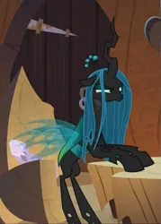 Size: 583x815 | Tagged: cropped, derpibooru import, frenemies (episode), glare, narrowed eyes, pouting, queen chrysalis, safe, screencap, solo, twilog, unamused