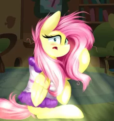Size: 1024x1085 | Tagged: safe, artist:lcpegasister75, derpibooru import, fluttershy, pegasus, pony, bathroom, bed hair, blushing, cute, female, fluttershy's cottage, mare, messy mane, shyabetes, sitting, solo, startled, surprised