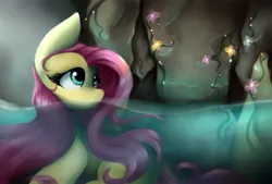 Size: 1024x692 | Tagged: safe, artist:lcpegasister75, derpibooru import, fluttershy, pony, cave, cute, female, flower, mare, shyabetes, solo, water
