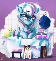 Size: 1280x1385 | Tagged: safe, artist:saxopi, derpibooru import, oc, oc:ice, unofficial characters only, pegasus, pony, bath, bathtub, gamer girl bath water, hat, reference, rubber duck, solo