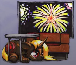 Size: 1280x1089 | Tagged: safe, artist:oddwarg, derpibooru import, oc, oc:melinda kvernbitt, unofficial characters only, dog, hybrid, unicorn, couch, fireworks, frown, lying down, new year, sad, solo, stare, table, window
