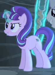 Size: 389x528 | Tagged: safe, derpibooru import, screencap, starlight glimmer, pony, unicorn, the cutie map, animated, cropped, cult, cutie mark vault, equal cutie mark, evil grin, evil planning in progress, fake cutie mark, fake smile, female, gif, glowing horn, grin, horn, levitation, magic, magic aura, male, mare, mocking, s5 starlight, smiling, solo focus, squint, staff, staff of sameness, stallion, talking, telekinesis, wide smile