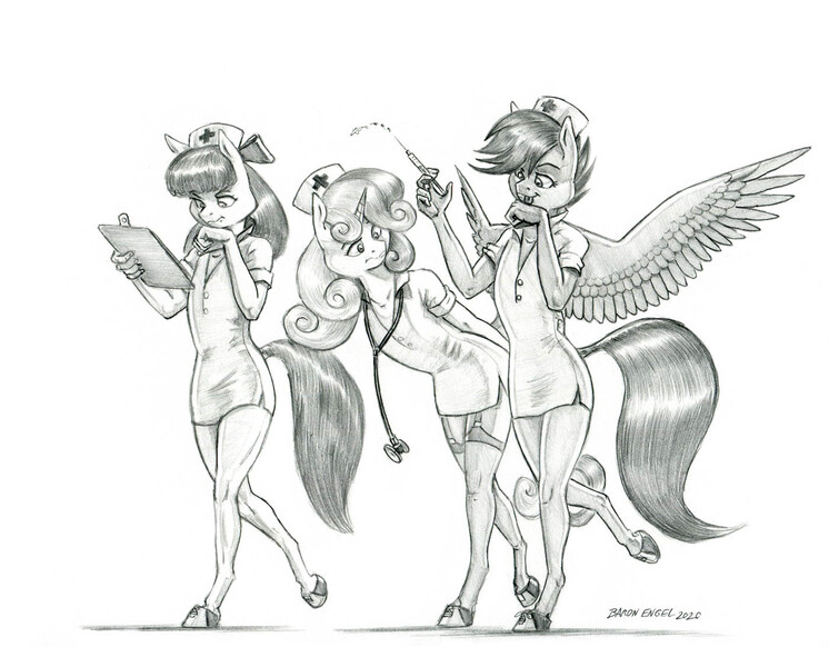 Size: 1400x1126 | Tagged: suggestive, artist:baron engel, derpibooru import, apple bloom, scootaloo, sweetie belle, anthro, earth pony, pegasus, unguligrade anthro, unicorn, :p, clipboard, clothes, colored hooves, cutie mark crusaders, female, females only, garter belt, grayscale, monochrome, nurse, nurse outfit, older, older apple bloom, older scootaloo, older sweetie belle, pencil drawing, simple background, socks, story included, syringe, thigh highs, tongue out, traditional art, white background