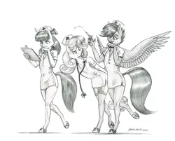Size: 1400x1126 | Tagged: suggestive, artist:baron engel, derpibooru import, apple bloom, scootaloo, sweetie belle, anthro, earth pony, pegasus, unguligrade anthro, unicorn, :p, clipboard, clothes, colored hooves, cutie mark crusaders, female, females only, garter belt, grayscale, monochrome, nurse, nurse outfit, older, older apple bloom, older scootaloo, older sweetie belle, pencil drawing, simple background, socks, story included, syringe, thigh highs, tongue out, traditional art, white background