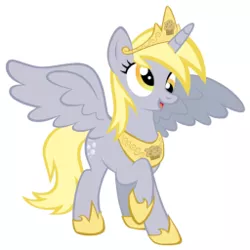 Size: 256x256 | Tagged: safe, artist:fedumedu, derpibooru import, edit, editor:theglitchedwolf, derpy hooves, alicorn, pony, alicornified, best pony, best princess, crown, cute, derpabetes, derpicorn, food, happy, jewelry, muffin, muffin queen, race swap, raised hoof, regalia, simple background, solo, white background, wings