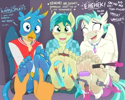 Size: 1399x1118 | Tagged: suggestive, alternate version, artist:caroo, derpibooru import, applejack, gallus, sandbar, terramar, anthro, classical hippogriff, earth pony, gryphon, hippogriff, plantigrade anthro, begging, blushing, bondage, clothes, comb, crying, cute, dialogue, feet, female, female pov, fetish, foot fetish, foot focus, fork, gallabetes, hand, implied applejack, implied starlight glimmer, implied twilight sparkle, laughing, looking at you, magic, male, male feet, males only, offscreen character, open mouth, paintbrush, partial nudity, pov, rope, sandabetes, smiling, soles, sparkles, sweat, tears of laughter, telekinesis, terrabetes, tickle fetish, tickle torture, tickling, toes, toe tied, topless, trio, trio male, wall of tags, wide eyes