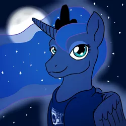 Size: 1200x1200 | Tagged: alicorn, artist:mcsplosion, clothes, derpibooru import, female, looking at you, moon, night, princess luna, safe, shirt, solo, t-shirt