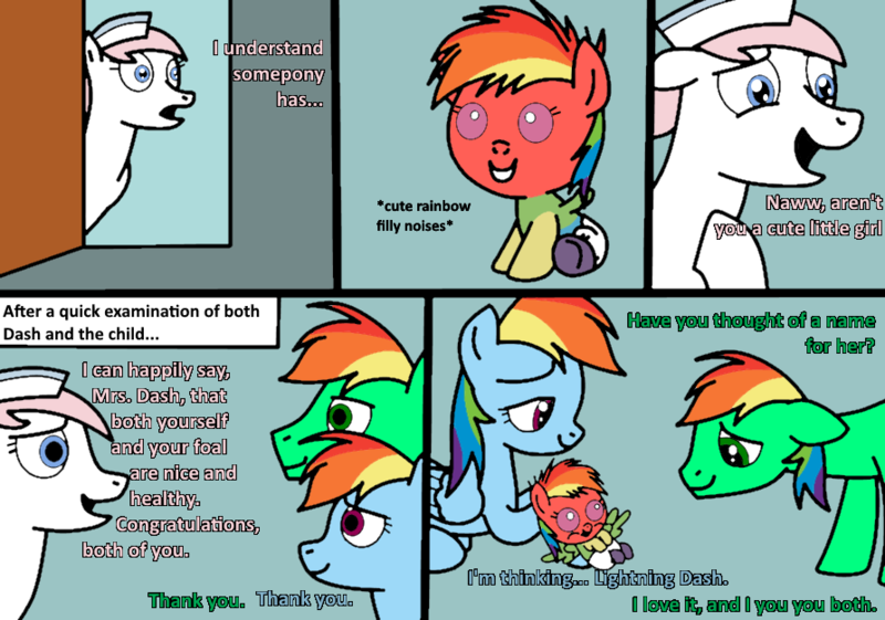 Size: 893x626 | Tagged: safe, artist:didgereethebrony, derpibooru import, nurse redheart, rainbow dash, oc, oc:didgeree, oc:lightning dash, oc:oliver, pegasus, pony, comic:rainbow dash x oliver, baby, baby pony, dialogue, diaper, foal, newborn, offspring, olidash, parent:oc:oliver, parent:rainbow dash, parents:canon x oc, parents:olidash, rainbow fur, trace