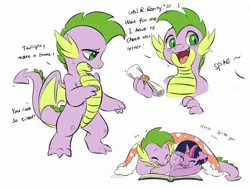 Size: 2000x1500 | Tagged: safe, artist:drtuo4, derpibooru import, spike, twilight sparkle, twilight sparkle (alicorn), alicorn, dragon, pony, bedsheets, blushing, book, cute, female, implied rarity, laughing, male, mare, reading, scroll, spikabetes, spikelove, twiabetes, winged spike