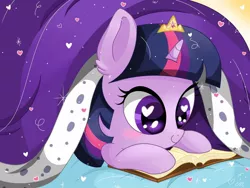 Size: 1024x768 | Tagged: safe, artist:sunshineshiny, derpibooru import, twilight sparkle, pony, adorkable, blanket, blushing, book, chibi, crown, cute, dork, ear fluff, heart, heart eyes, jewelry, prone, reading, regalia, solo, twiabetes, weapons-grade cute, wingding eyes