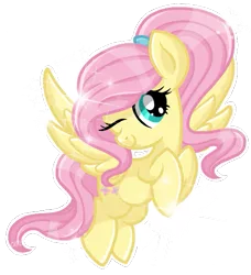 Size: 527x579 | Tagged: safe, artist:sunshineshiny, derpibooru import, fluttershy, pegasus, pony, alternate hairstyle, cute, female, hooves to the chest, mare, one eye closed, ponytail, shyabetes, simple background, smiling, solo, spread wings, transparent background, wings, wink