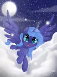 Size: 1024x1366 | Tagged: safe, artist:sunshineshiny, derpibooru import, princess luna, alicorn, pony, cloud, cute, female, filly, flying, lunabetes, moon, night, open mouth, s1 luna, sky, solo, spread wings, starry night, stars, wings, woona, younger