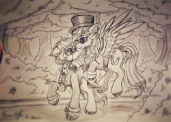 Size: 1055x754 | Tagged: safe, artist:peaceanya0206, derpibooru import, oc, unofficial characters only, earth pony, pegasus, clothes, hat, monochrome, top hat