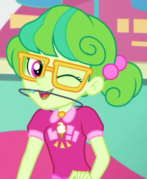 Size: 832x1014 | Tagged: safe, derpibooru import, screencap, stella sprinkles, equestria girls, equestria girls series, tip toppings, spoiler:choose your own ending (season 2), spoiler:eqg series (season 2), braces, cashier, cropped, cute, female, glasses, looking at you, one eye closed, orthodontic headgear, pigtails, smiling, solo, twintails, wink