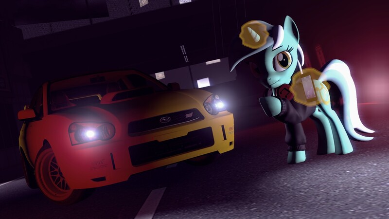 Size: 1920x1080 | Tagged: safe, artist:sevenxninja, derpibooru import, lyra heartstrings, pony, unicorn, 3d, bridge, building, car, clothes, gmod, headphones, hoodie, iphone, lighting, looking at camera, magic, night, red lightning, shadows, solo, subaru impreza