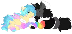 Size: 1024x484 | Tagged: safe, artist:azure-art-wave, derpibooru import, oc, oc:blue, oc:matt, unofficial characters only, pegasus, pony, unicorn, clothes, colored wings, hoodie, male, multicolored wings, stallion, tongue out, wings
