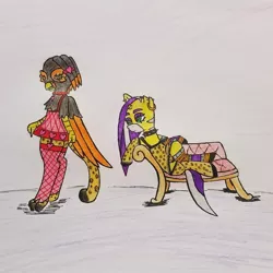 Size: 1024x1024 | Tagged: suggestive, artist:dice-warwick, derpibooru import, oc, oc:glock, oc:sizzle cymbal, gryphon, original species, fallout equestria, bedroom eyes, clothes, collar, cyber eye, cyber legs, ear piercing, fainting couch, fallout equestria: scout sizzle cymbal, fishnets, garter belt, leopard print, mirage pony, nightwear, oc x oc, piercing, shipping, socks, spiked collar, thigh highs