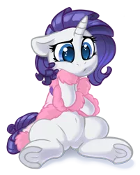 Size: 3000x3724 | Tagged: safe, artist:dimfann, derpibooru import, rarity, pony, unicorn, series:pony re-watch, suited for success, bathrobe, clothes, colored pupils, crossed arms, cute, feather boa, female, floppy ears, high res, mare, messy mane, pouting, raribetes, robe, simple background, sitting, slippers, solo, transparent background, underhoof