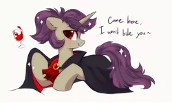 Size: 2000x1200 | Tagged: safe, artist:mirtash, derpibooru import, oc, oc:lavrushka, unofficial characters only, pony, unicorn, vampire, bedroom eyes, blood, cape, clothes, glass, solo, sparkles, wine glass