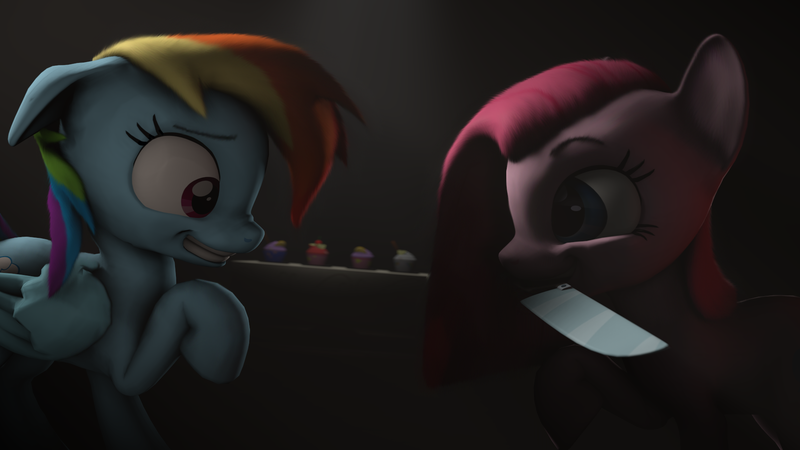 Size: 1920x1080 | Tagged: safe, artist:facelesssoles, derpibooru import, pinkie pie, rainbow dash, pony, 3d, cupcake, food, knife, mouth hold, pinkamena diane pie