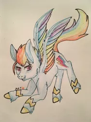 Size: 960x1280 | Tagged: safe, artist:artsy-angst, derpibooru import, rainbow dash, pegasus, pony, leak, spoiler:g5, bracer, colored wings, female, g5, mare, multicolored wings, rainbow dash (g5), rainbow wings, redesign, solo, traditional art, wings