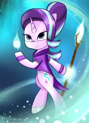 Size: 1560x2150 | Tagged: safe, artist:nicxchy, derpibooru import, starlight glimmer, pony, unicorn, bipedal, clothes, mage, magic, robe, solo, staff