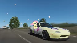 Size: 1920x1080 | Tagged: safe, derpibooru import, fluttershy, pony, behaving like a dog, car, cute, forza horizon 4, irl, mazda, mazda mx5, photo, smiling, window