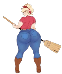 Size: 2000x2395 | Tagged: suggestive, artist:sundown, derpibooru import, applejack, human, equestria girls, equestria girls series, five to nine, applebucking thighs, ass, boots, bootylicious, broom, butt, clothes, cowboy boots, female, humanized, jeans, large butt, looking at you, looking back, looking back at you, pants, sexy, shoes, simple background, smiling, solo, solo female, stupid sexy applejack, the ass was fat, thick, thighs, thunder thighs, transparent background, wide hips