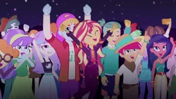 Size: 1920x1080 | Tagged: safe, derpibooru import, screencap, aqua blossom, desert sage, drama letter, fry lilac, golden hazel, guy grove, hunter hedge, sandy cerise, scott green, scribble dee, snow flower, sunset shimmer, velvet sky, watermelody, wiz kid, equestria girls, equestria girls series, sunset's backstage pass!, spoiler:eqg series (season 2), background human, background human audience, female, male, music festival outfit, offscreen character