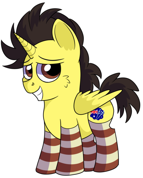 Size: 1280x1592 | Tagged: safe, artist:rainbowtashie, author:bigonionbean, derpibooru import, oc, oc:tommy the human, alicorn, pony, alicorn oc, australia, australian flag, clothes, colt, commissioner:bigonionbean, cute, cutie mark, dawwww, foal, horn, male, socks, solo, striped socks, wings